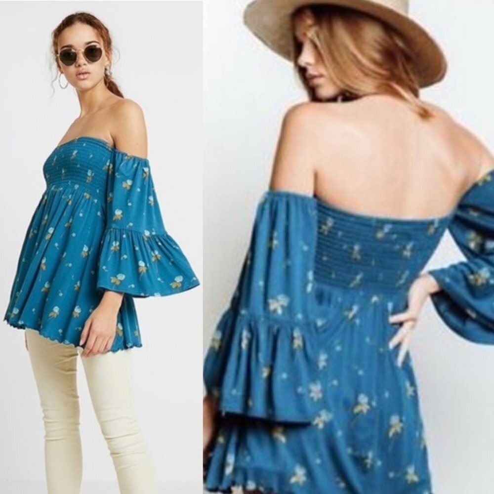 Nwt Free People Lana Off Shoulder Mermaid Tunic Blue Size Small Bell Sleeve Boho
